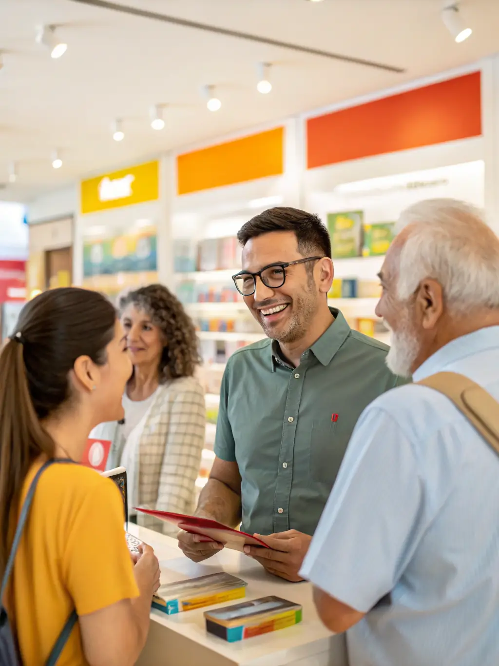 A diverse team of Stellar Marketing Group representatives engaging positively with customers at a retail store, showcasing their friendly and professional approach.